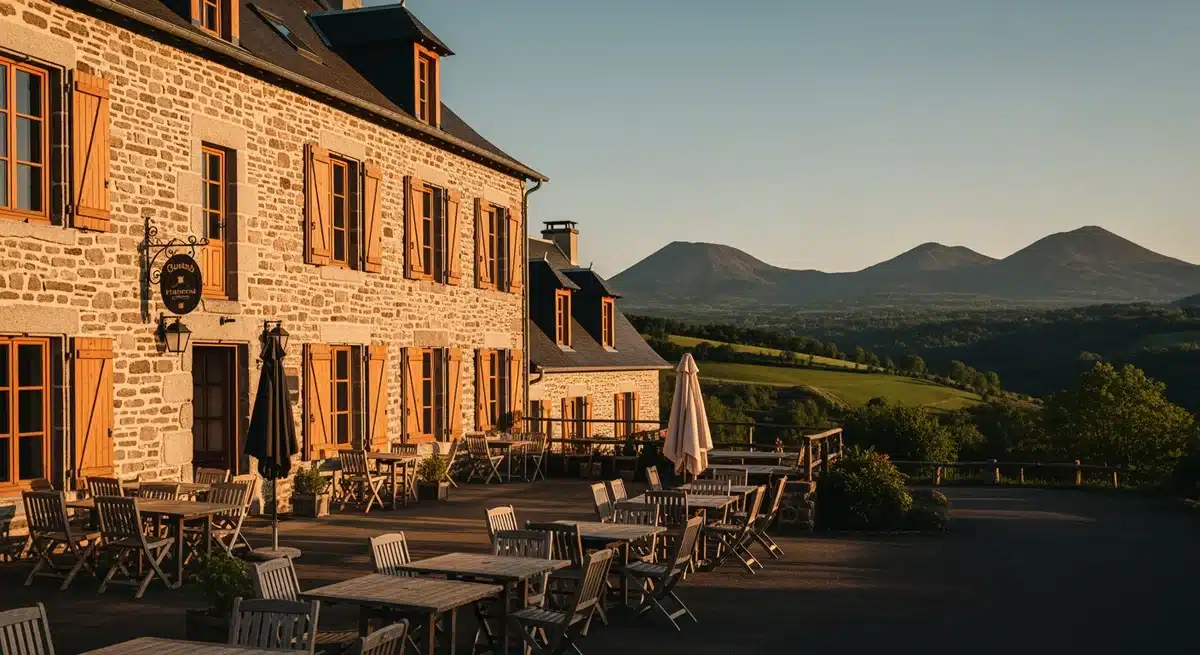 Auberge de Mazayes, charmante auberge traditionnelle en pierre avec volets bois dans la campagne auvergnate