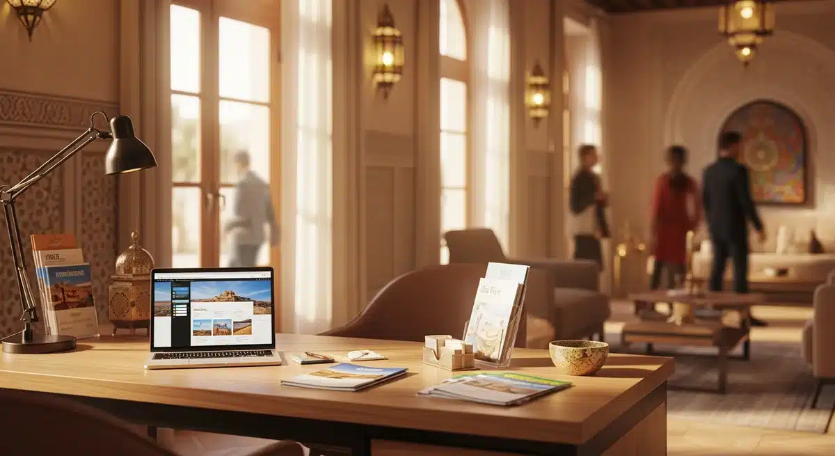 Bureau moderne d'agence de voyage Azami Voyage au Maroc avec décoration traditionnelle marocaine