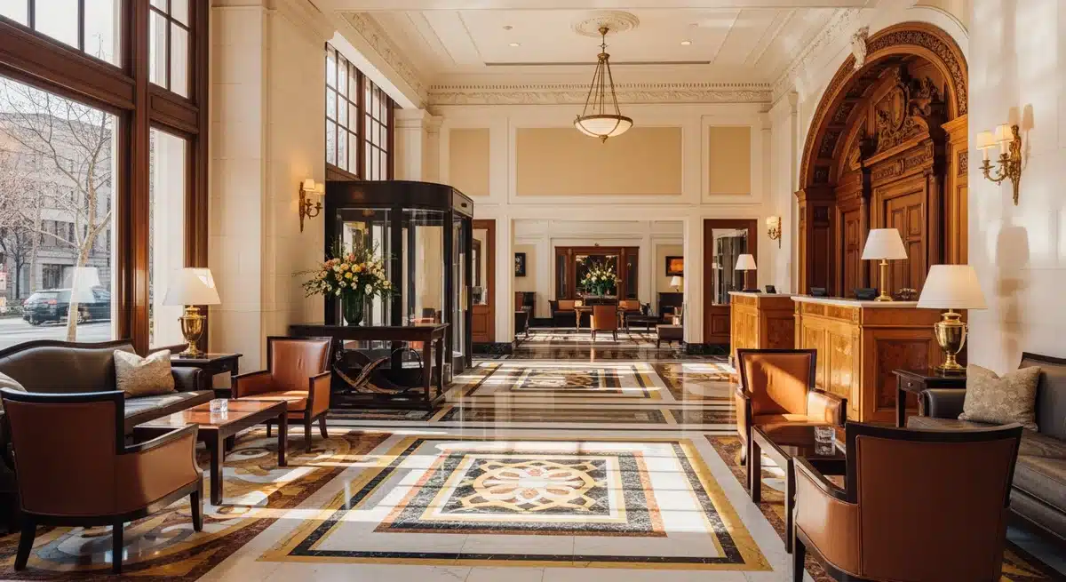 Lobby luxueux d'un hotel Saint Louis avec mobilier élégant, sol en marbre et éclairage naturel